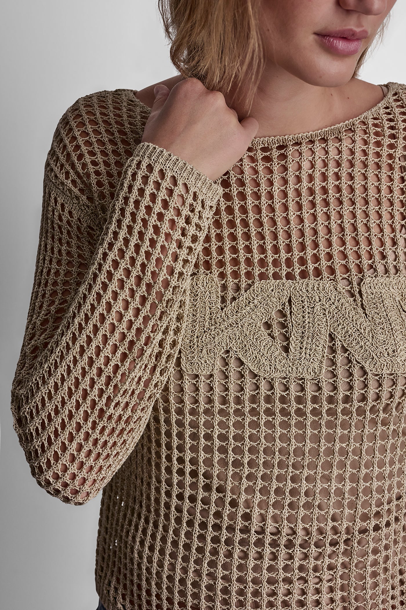 CROCHET OPEN-STITCH LOGO SWEATER