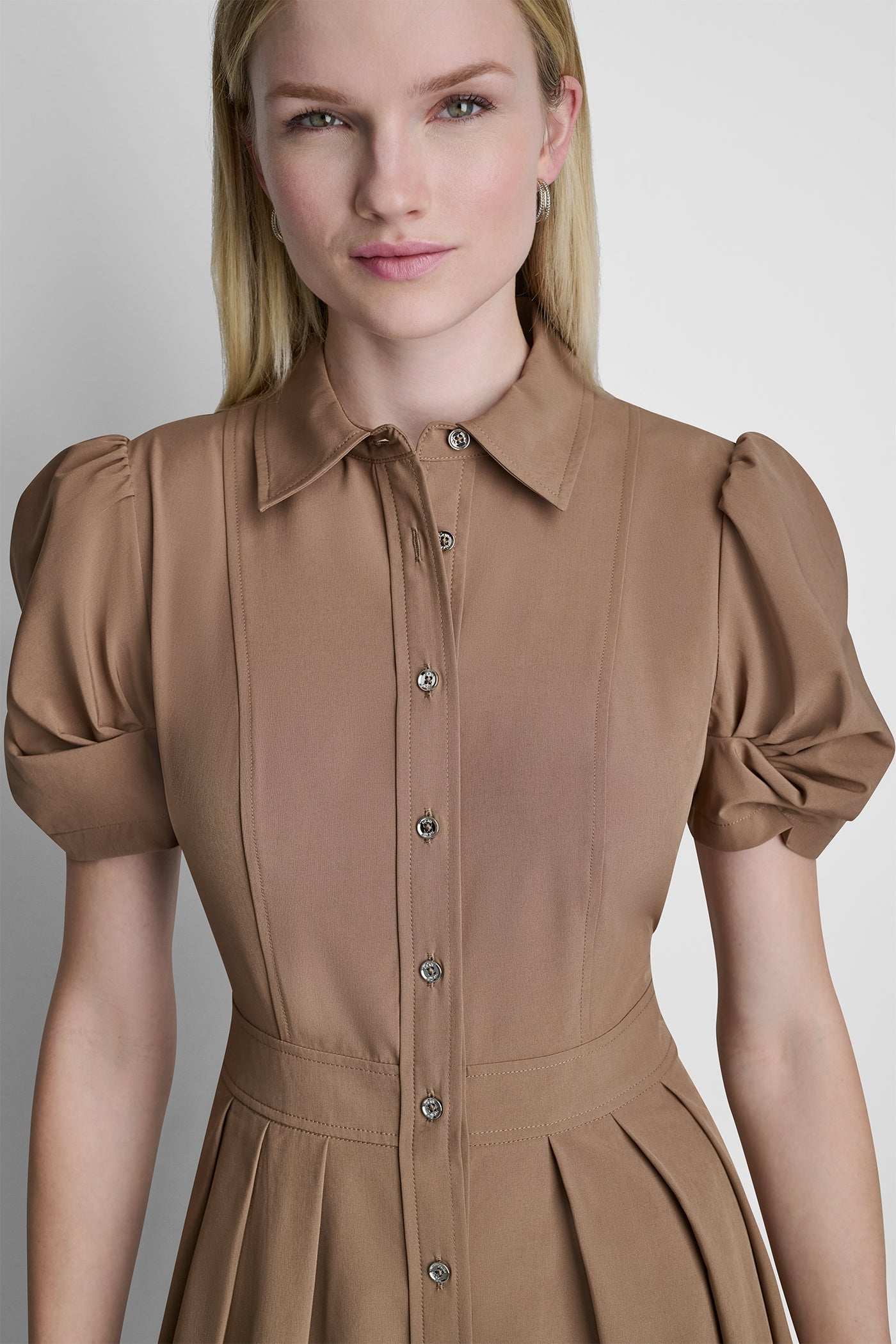 PUFF SLEEVE PLEATED MIDI SHIRT DRESS