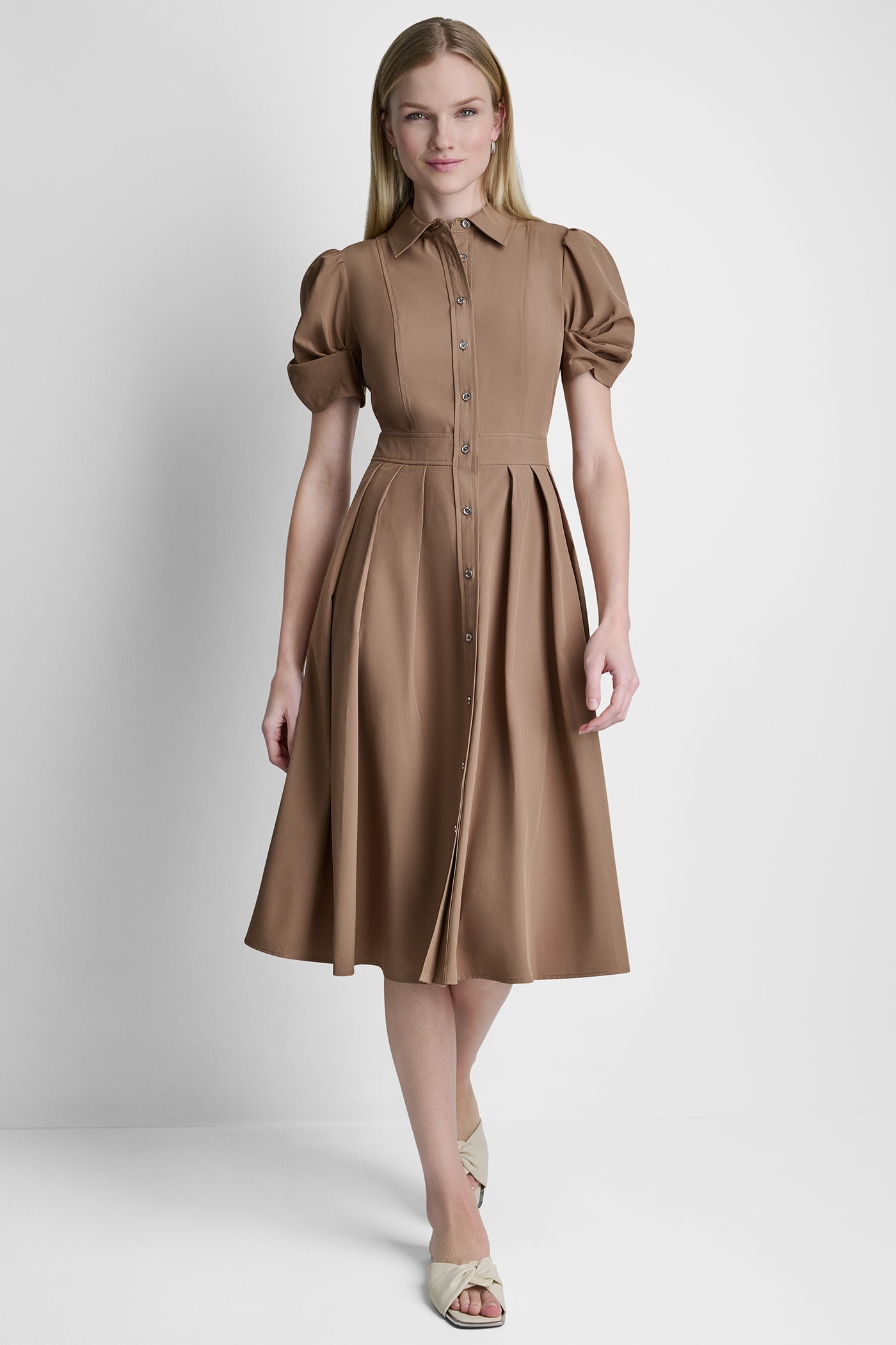 PUFF SLEEVE PLEATED MIDI SHIRT DRESS