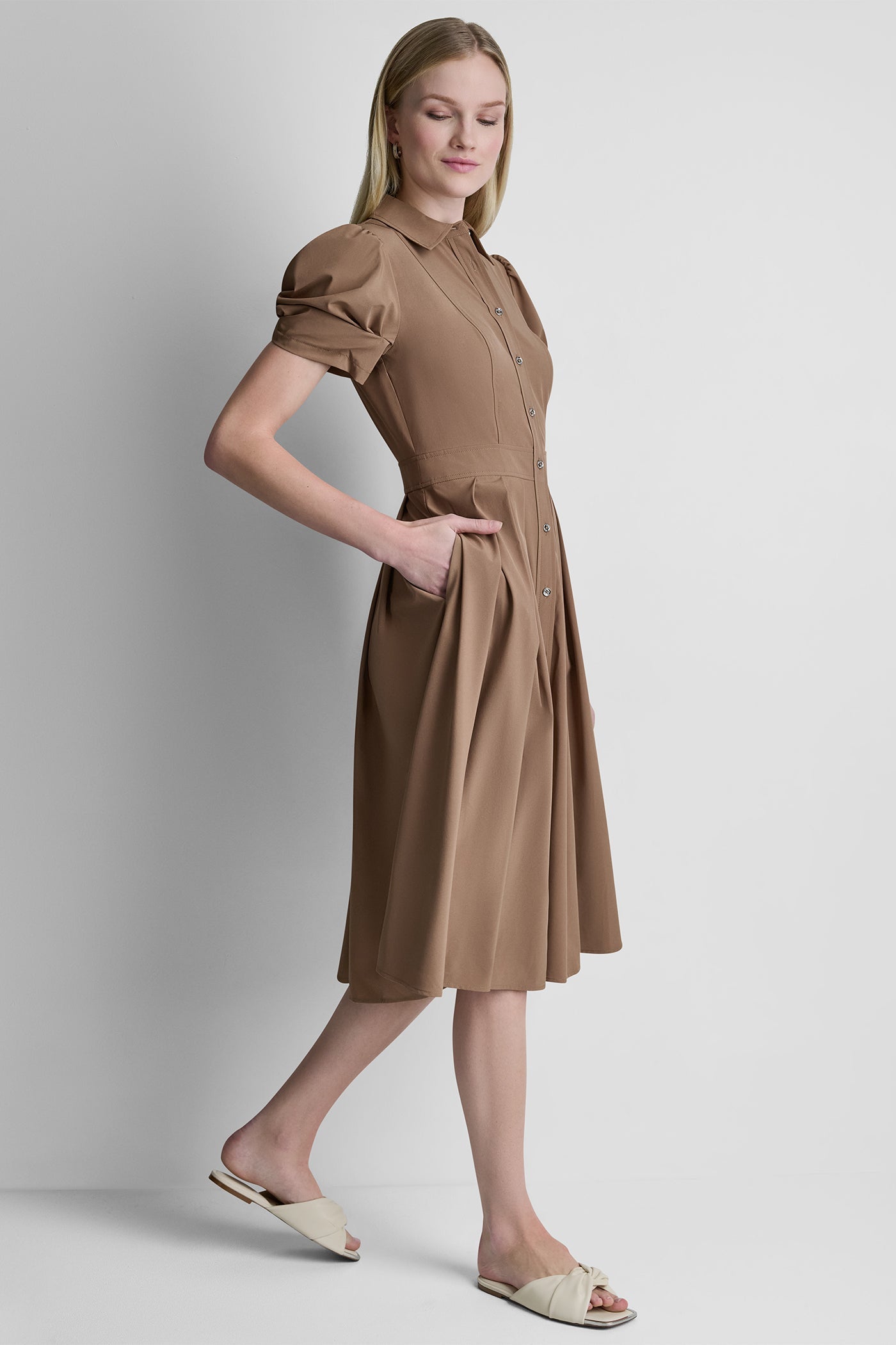 PUFF SLEEVE PLEATED MIDI SHIRT DRESS