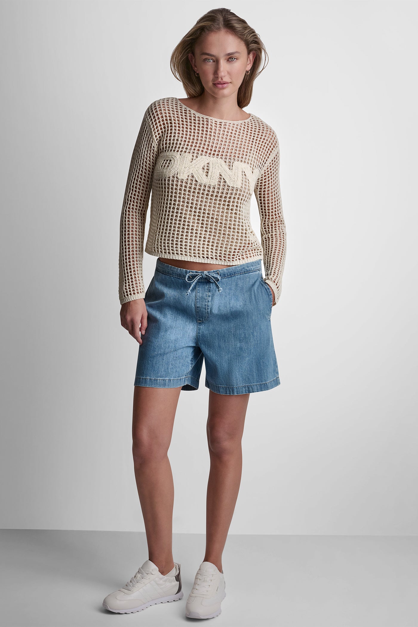 CROCHET OPEN-STITCH LOGO SWEATER