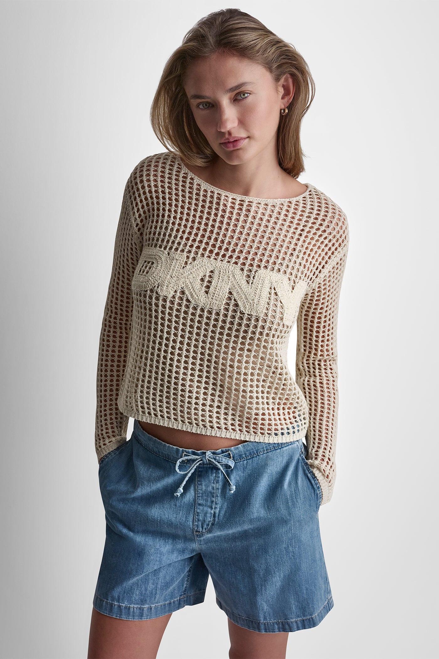 CROCHET OPEN-STITCH LOGO SWEATER