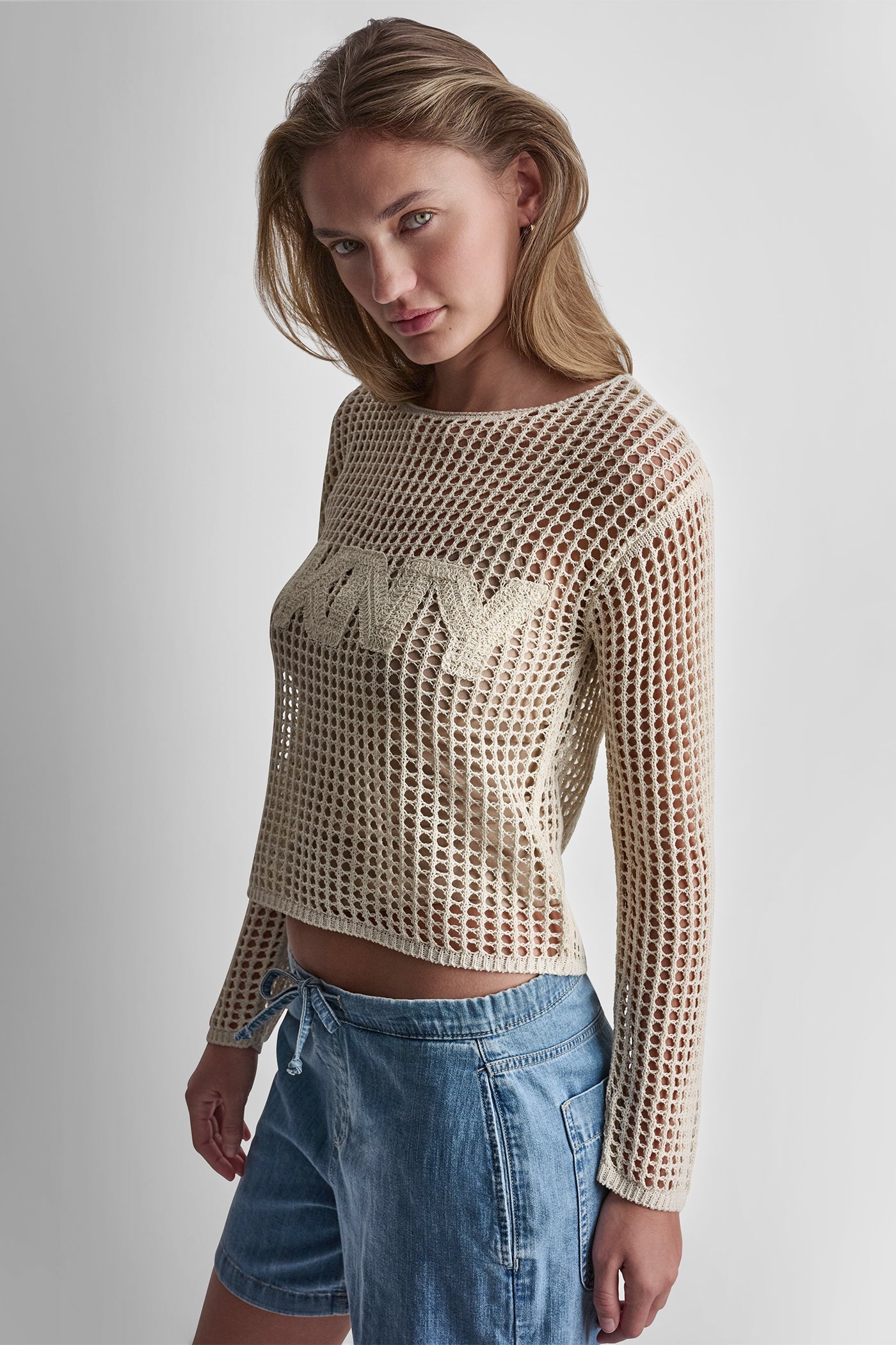 CROCHET OPEN-STITCH LOGO SWEATER