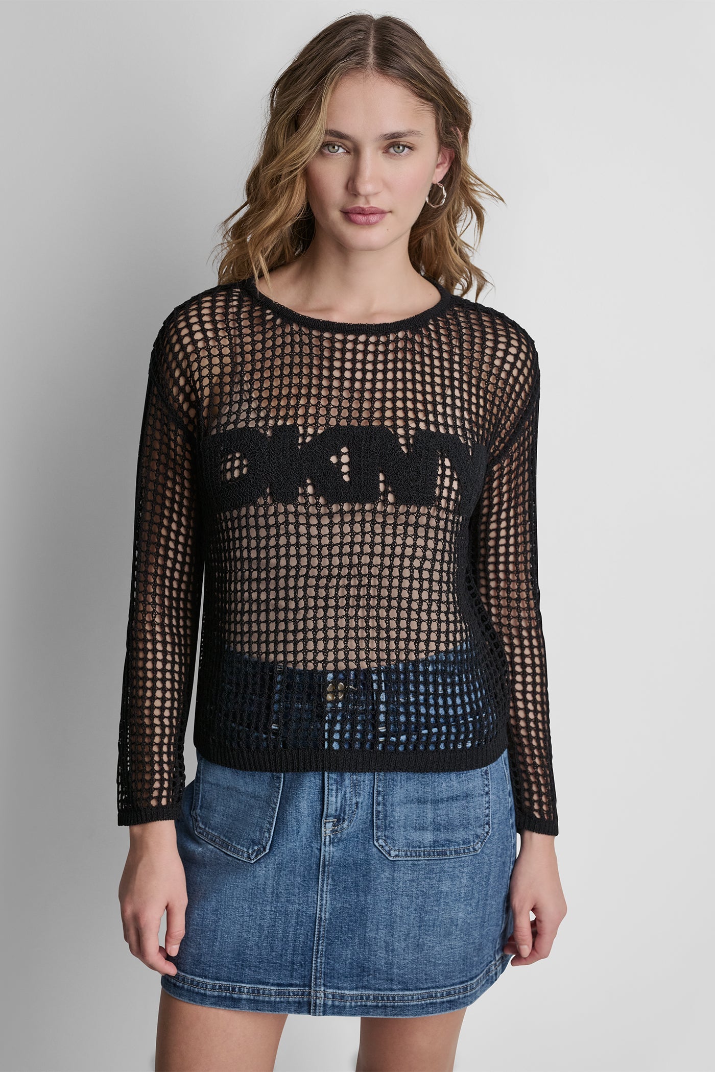 CROCHET OPEN-STITCH LOGO SWEATER