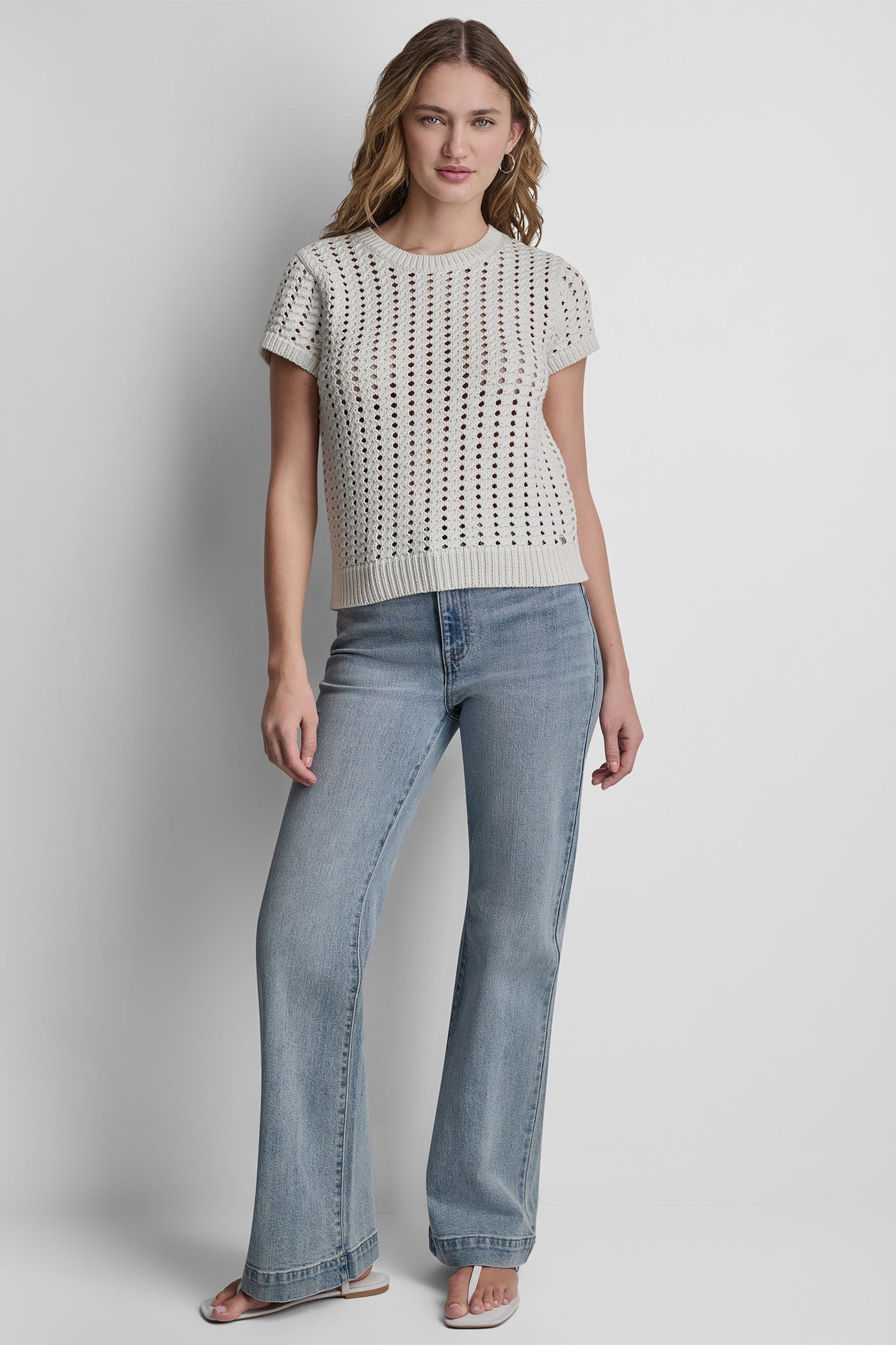 CHUNKY POINTELLE SHORT SLEEVE SWEATER