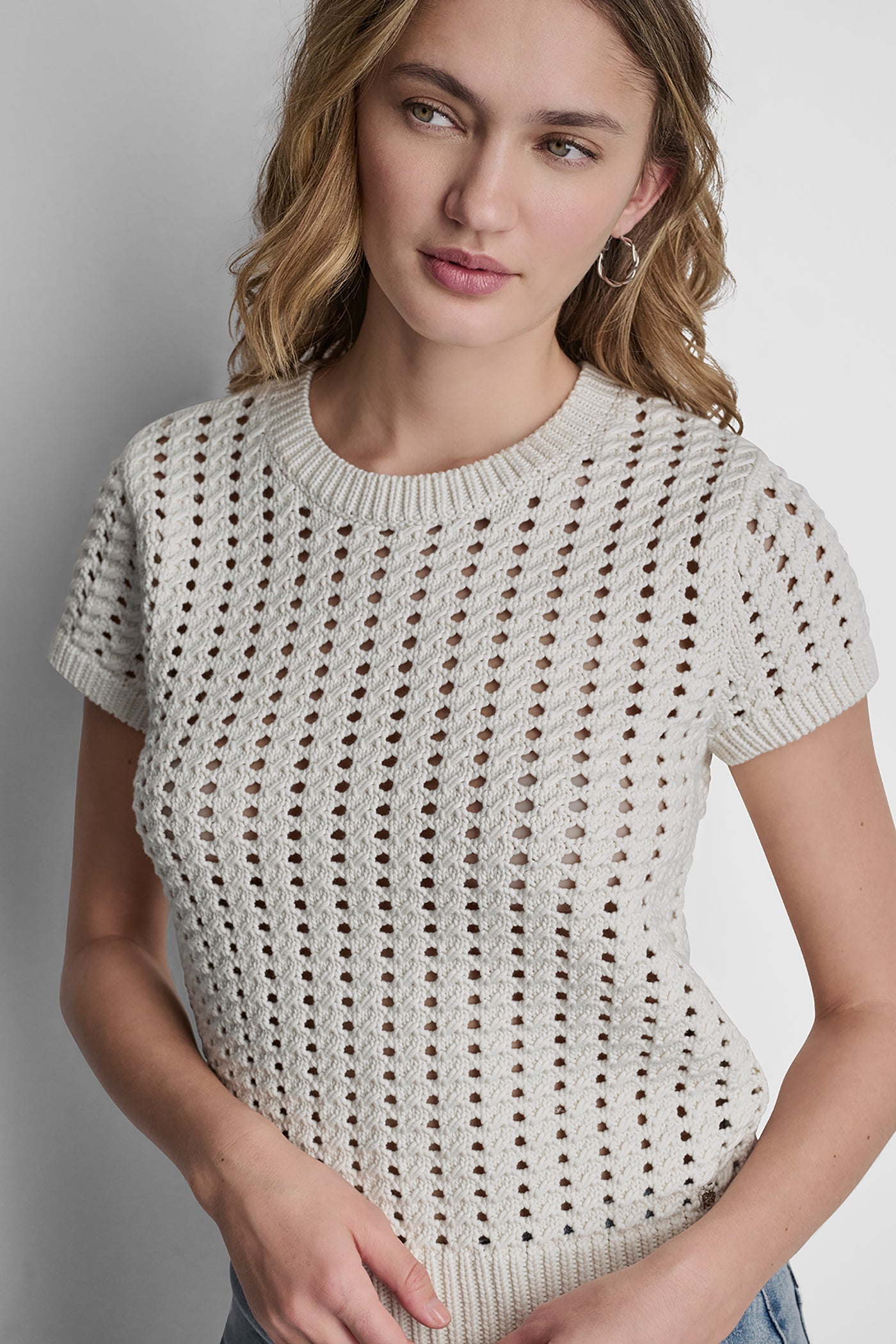 CHUNKY POINTELLE SHORT SLEEVE SWEATER