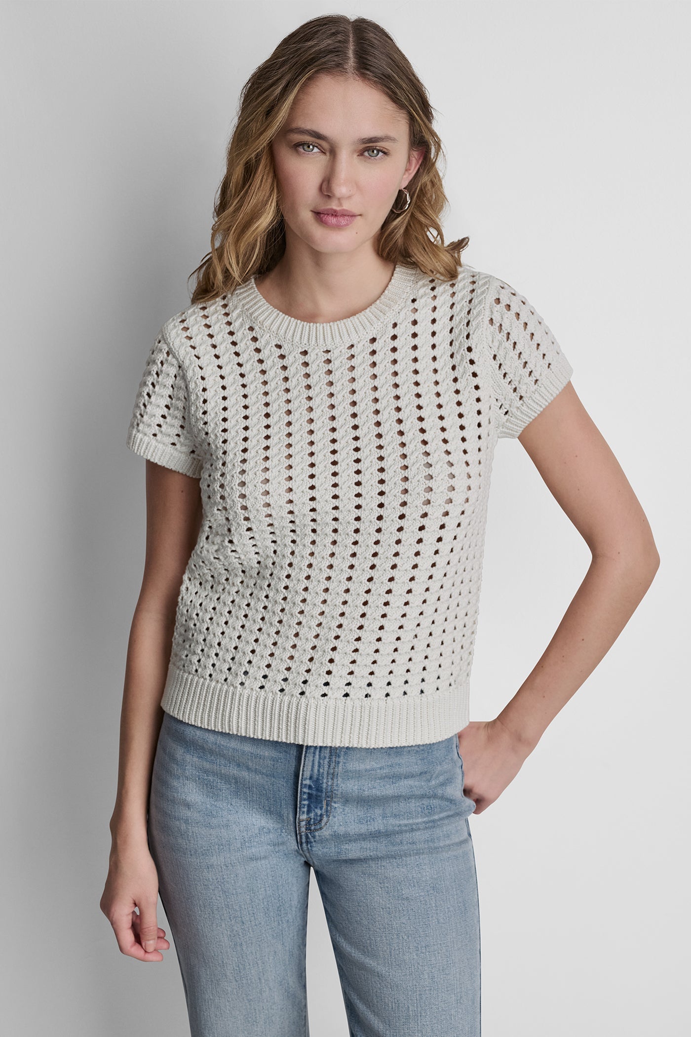 CHUNKY POINTELLE SHORT SLEEVE SWEATER