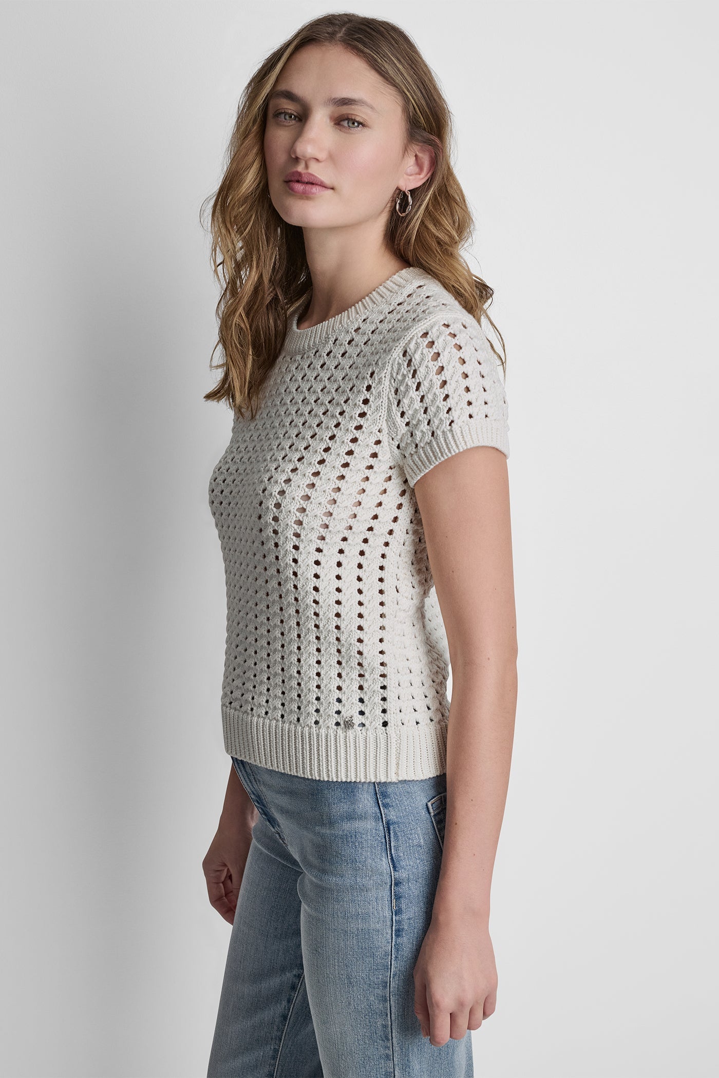 CHUNKY POINTELLE SHORT SLEEVE SWEATER