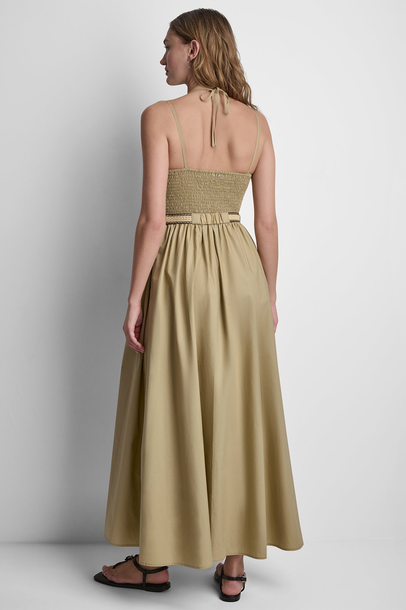 STRAPPY V-NECK MAXI DRESS WITH RAFFIA BELT