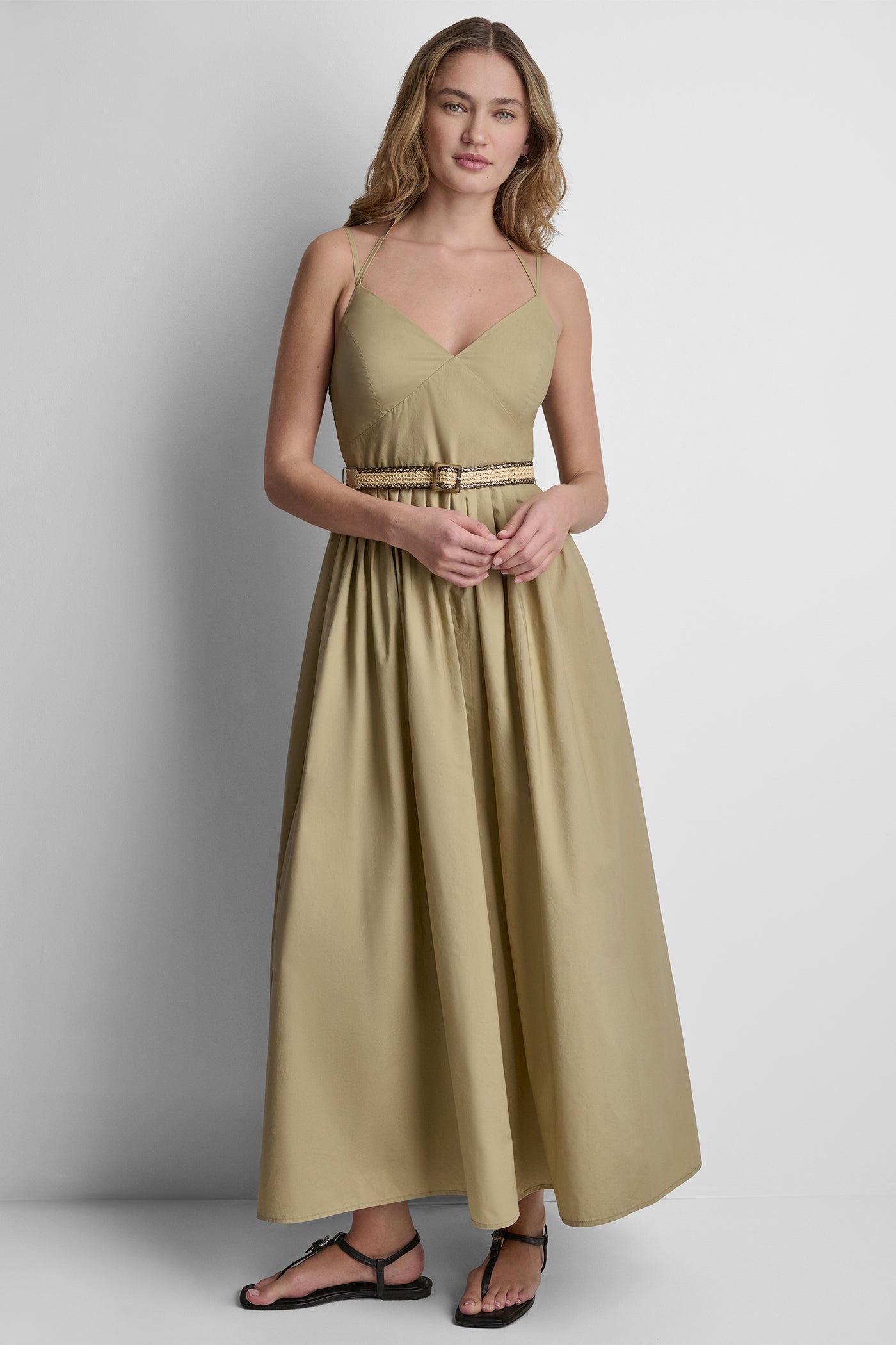 STRAPPY V-NECK MAXI DRESS WITH RAFFIA BELT