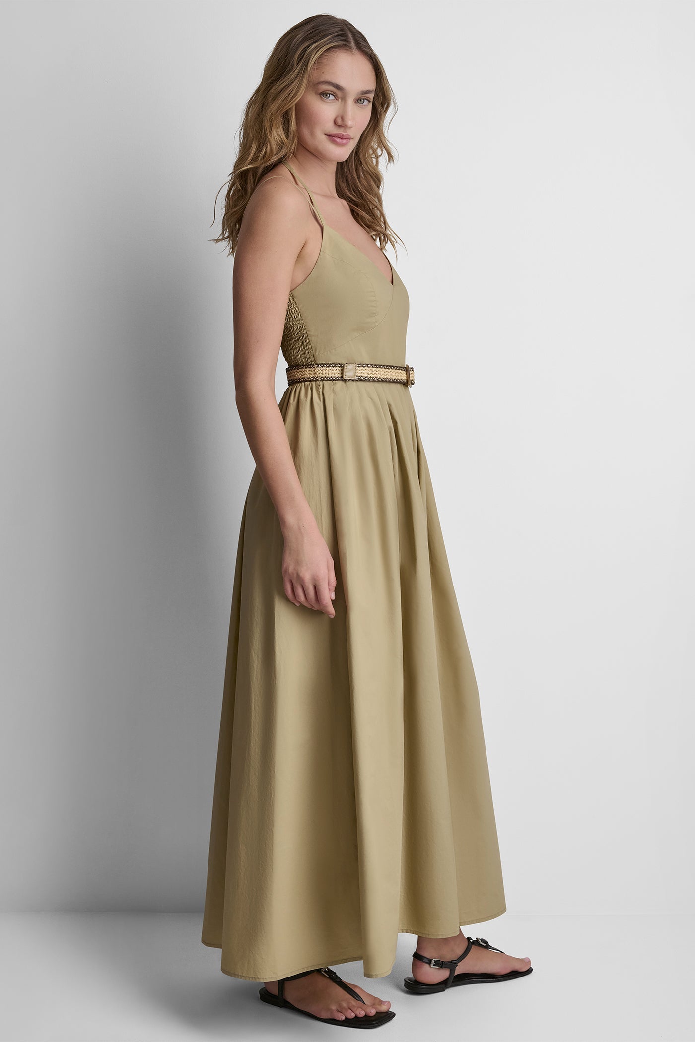 STRAPPY V-NECK MAXI DRESS WITH RAFFIA BELT
