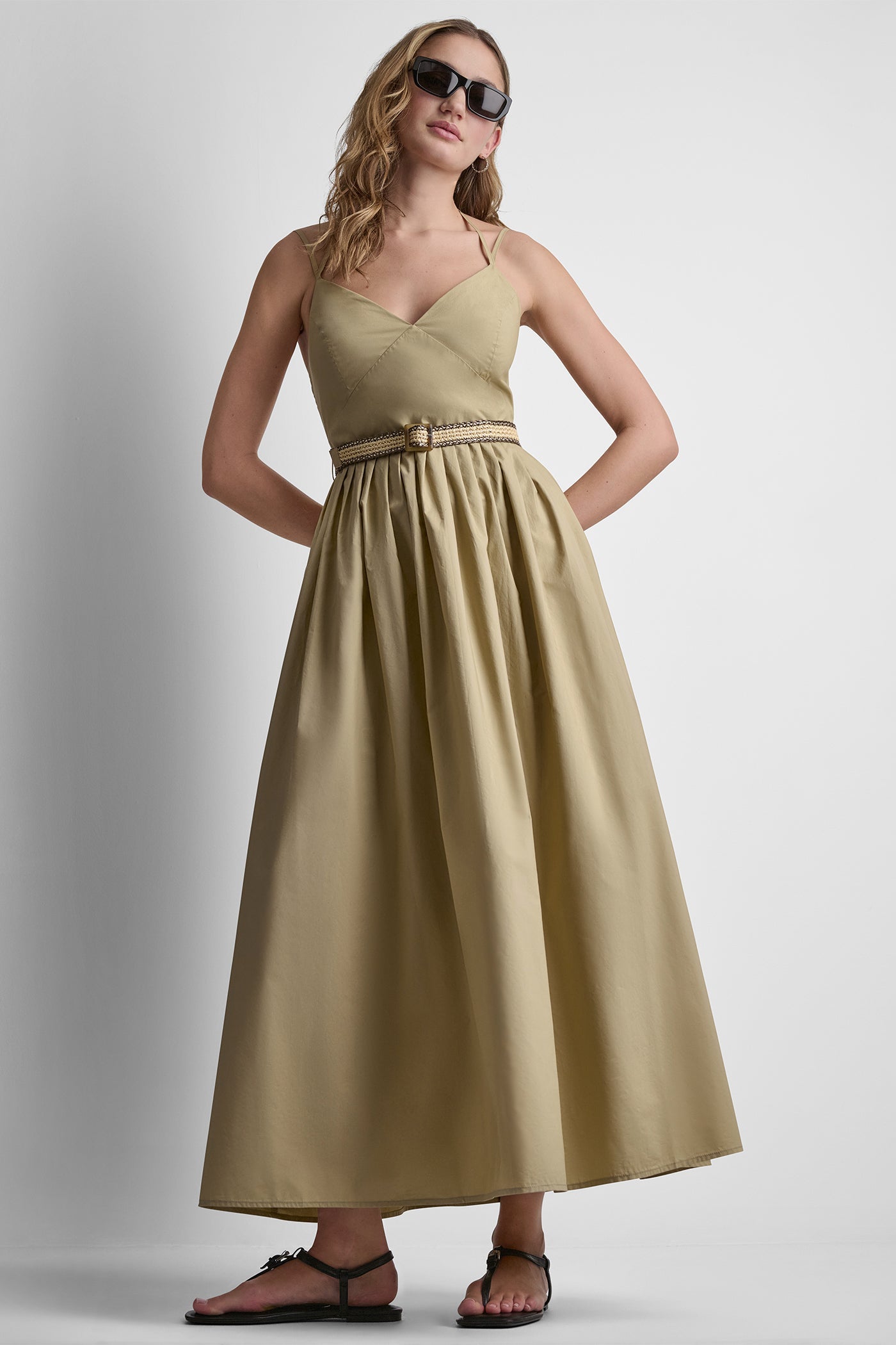 STRAPPY V-NECK MAXI DRESS WITH RAFFIA BELT