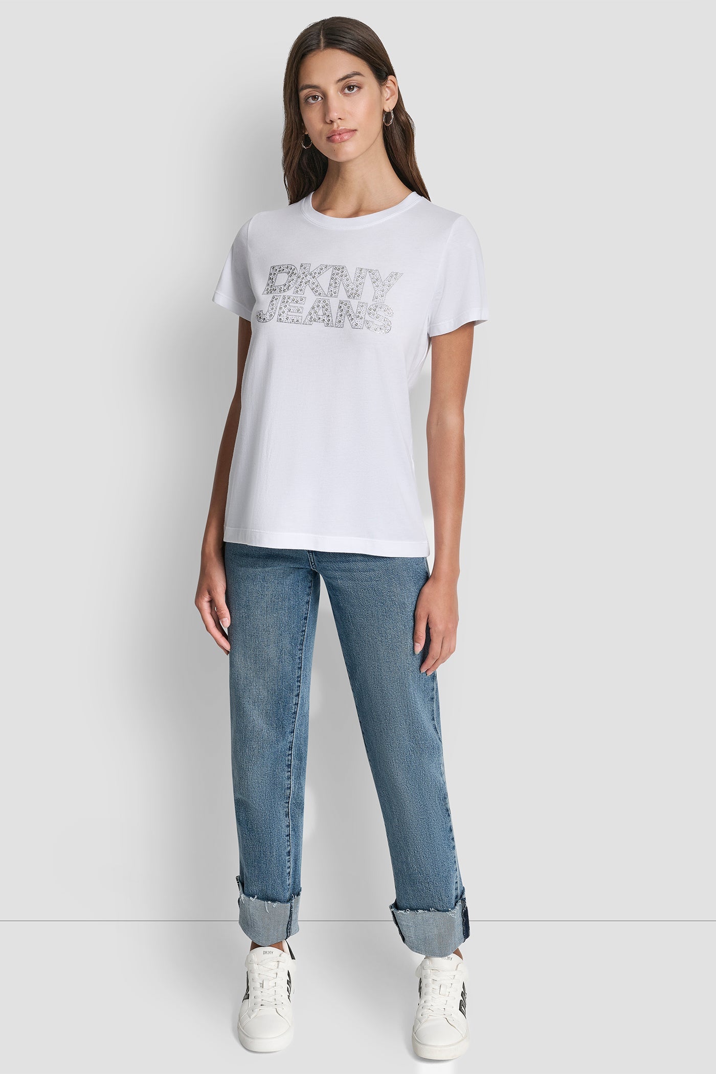 DKNY JEANS STACKED MINI RHINESTONE LOGO CREW NECK