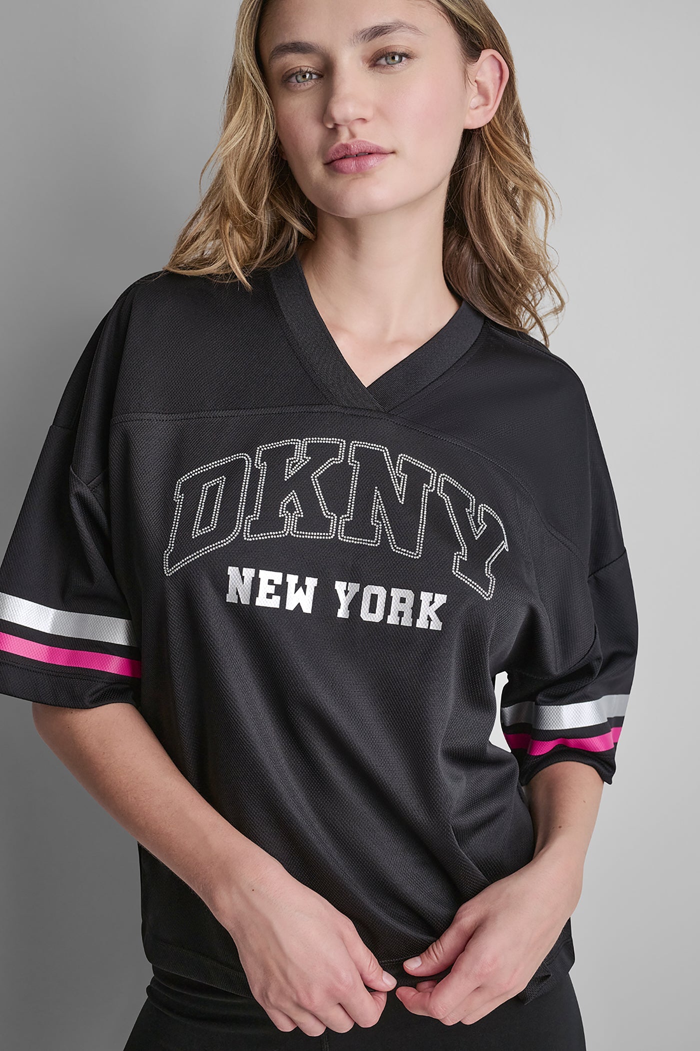 RHINESTONE VARSITY LOGO V-NECK JERSEY