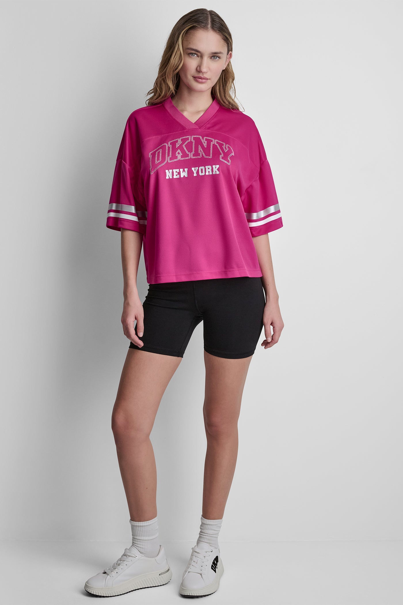 RHINESTONE VARSITY LOGO V-NECK JERSEY