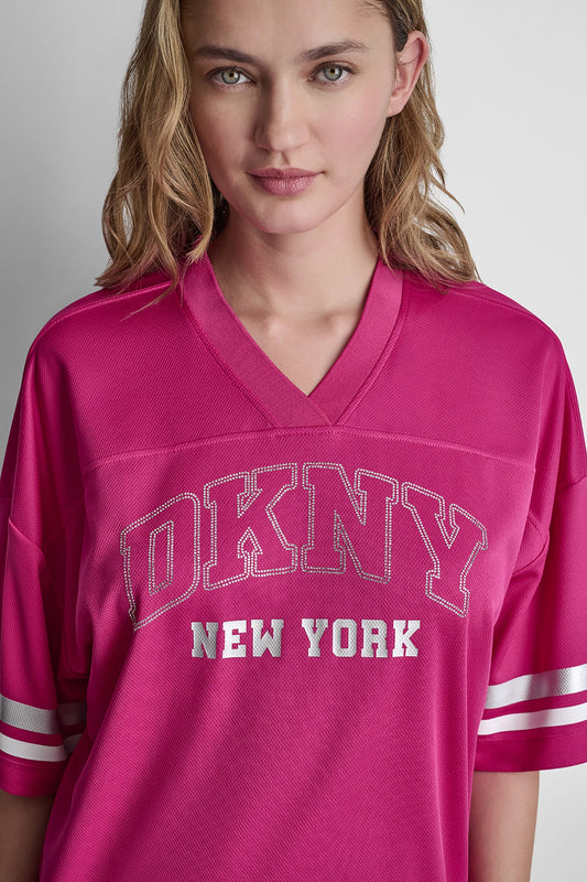 RHINESTONE VARSITY LOGO V-NECK JERSEY