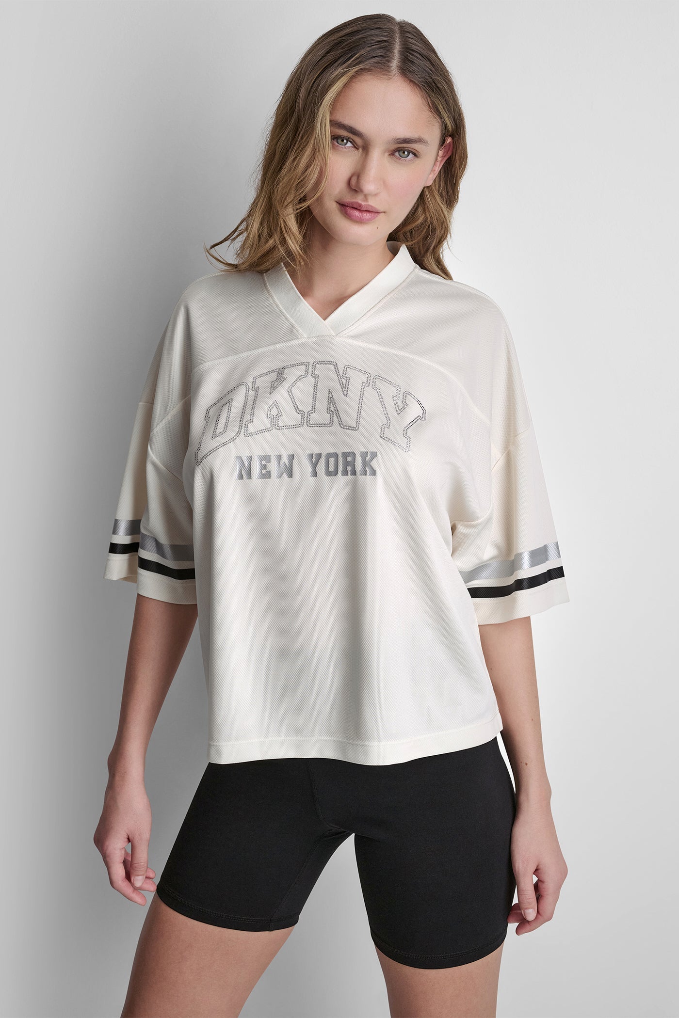 RHINESTONE VARSITY LOGO V-NECK JERSEY