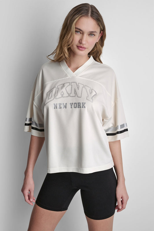RHINESTONE VARSITY LOGO V-NECK JERSEY