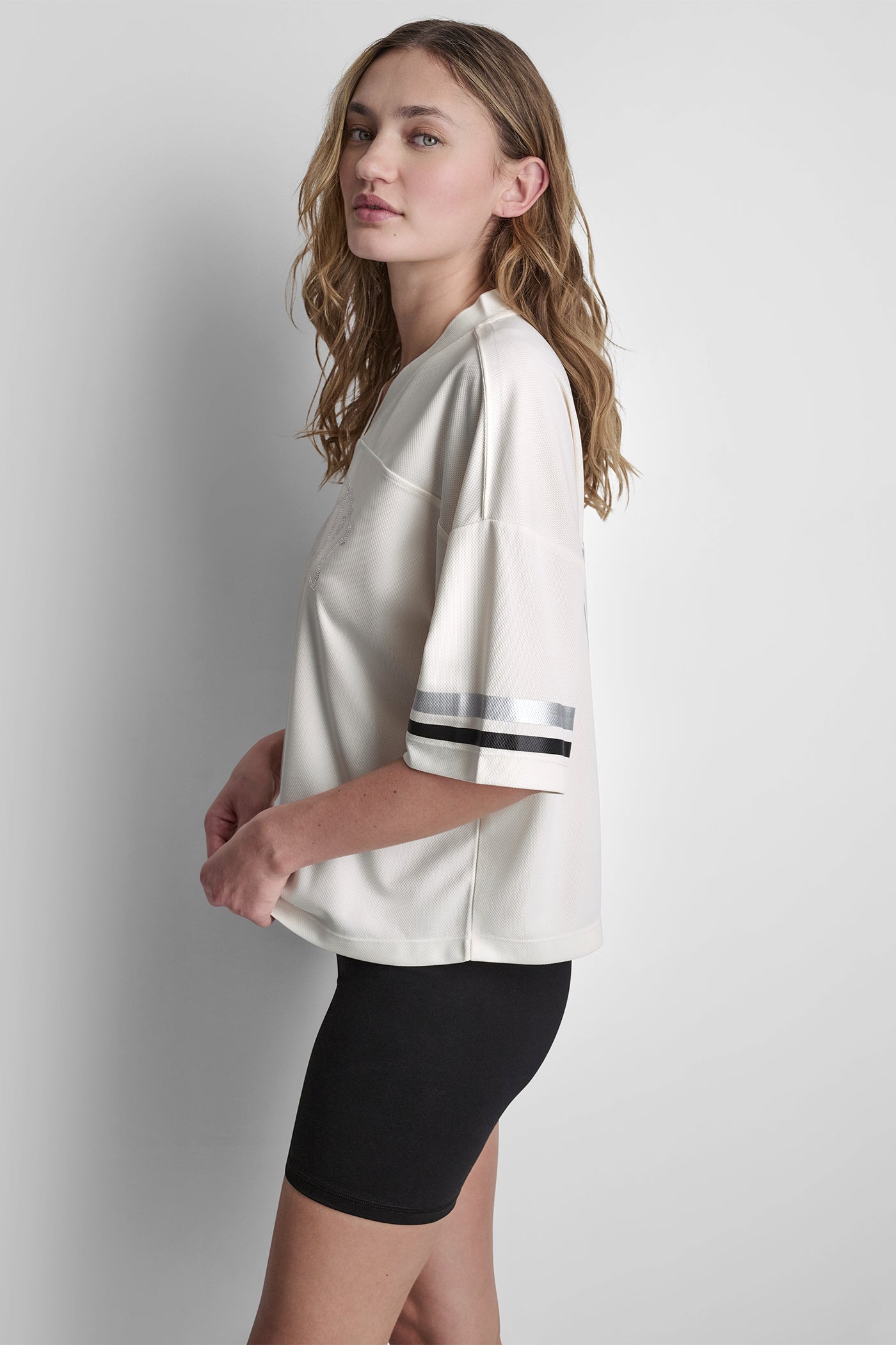 RHINESTONE VARSITY LOGO V-NECK JERSEY