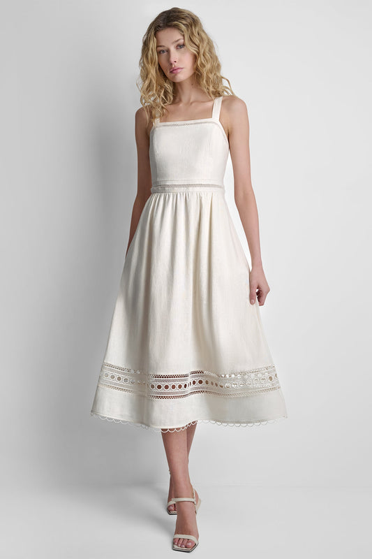 LINEN-BLEND LACE-TRIMMED MIDI DRESS