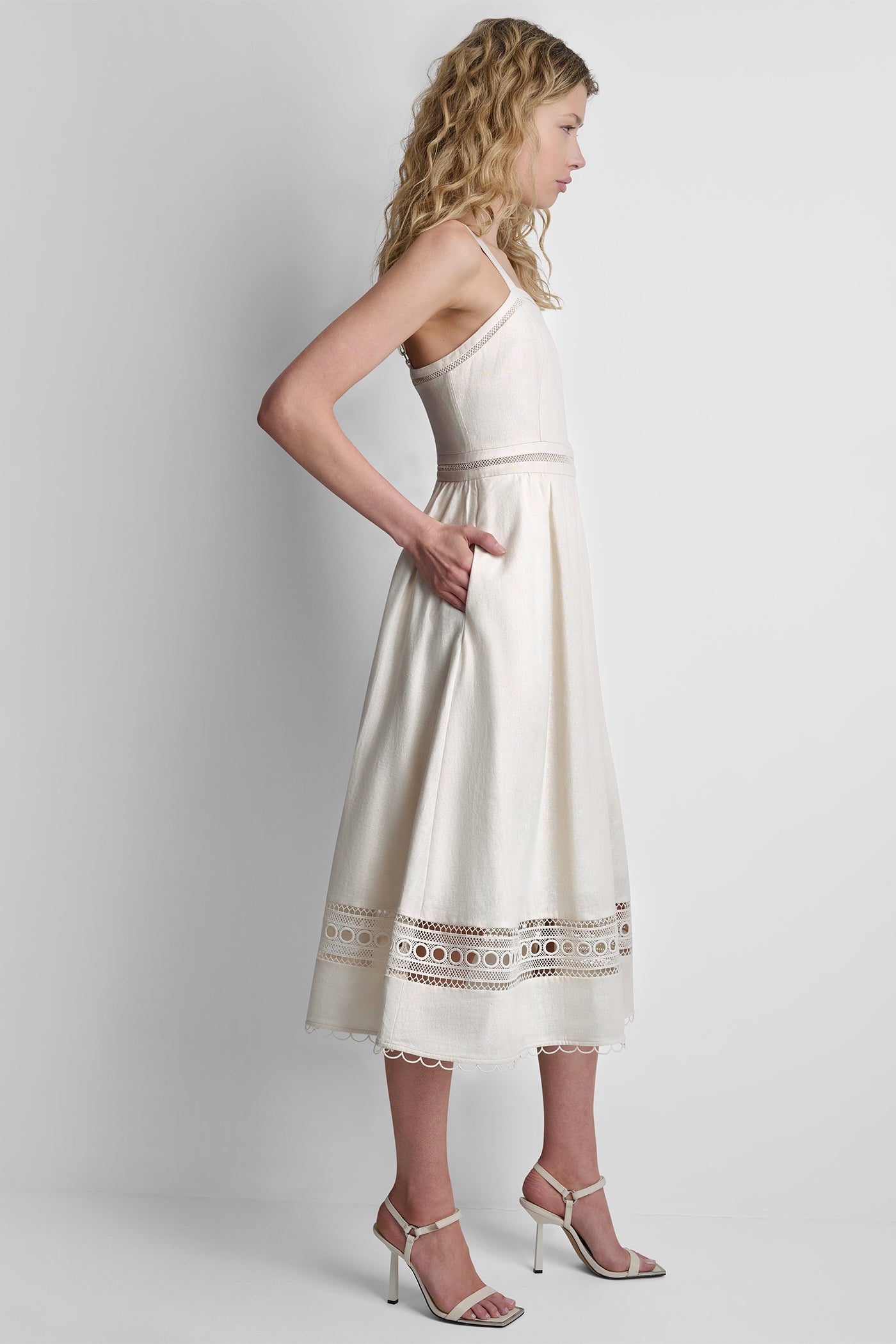 LINEN-BLEND LACE-TRIMMED MIDI DRESS