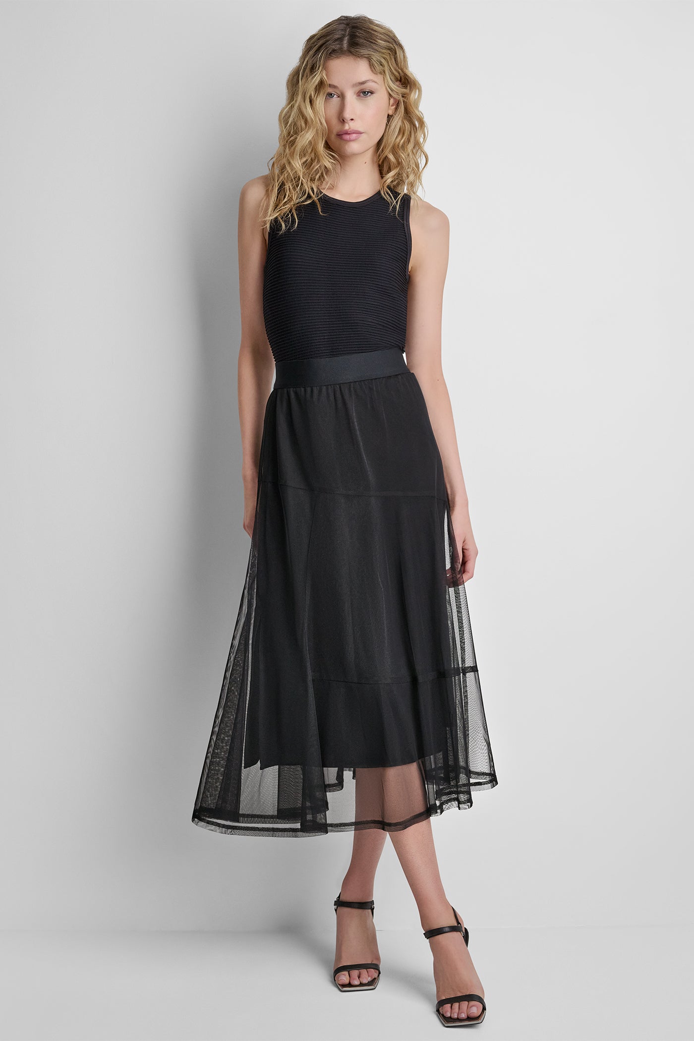 LAYERED MESH MIDI SKIRT
