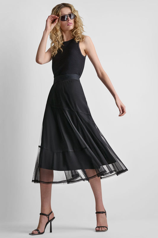 LAYERED MESH MIDI SKIRT