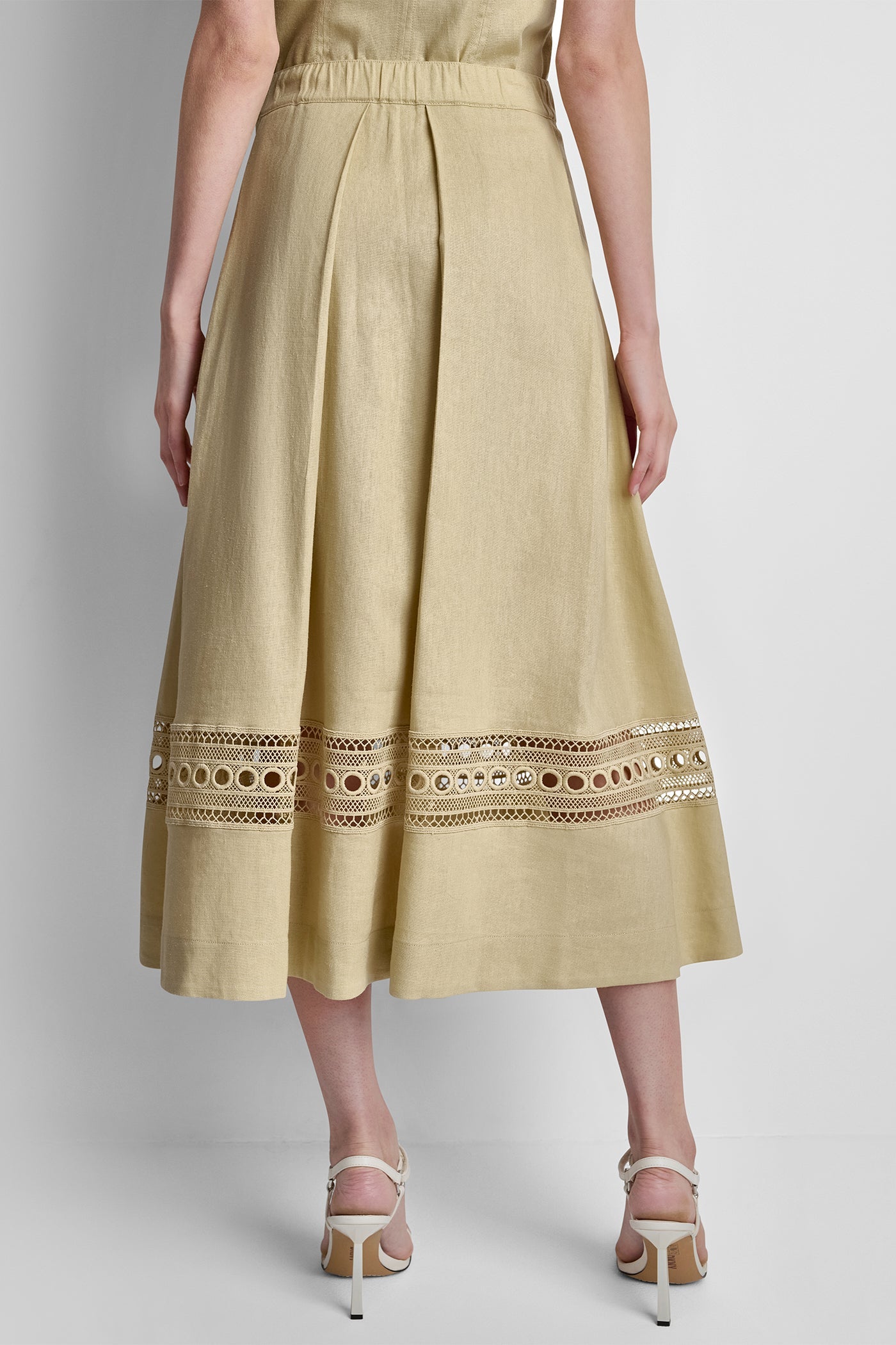 LINEN-BLEND LOOP LACE-TRIMMED PLEATED MIDI SKIRT