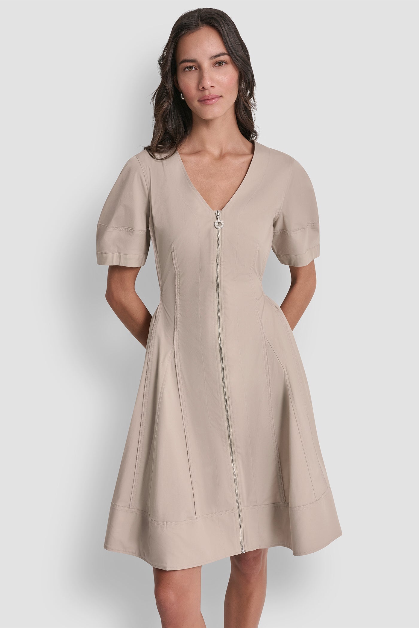 V-NECK PLEATED FIT & FLARE DRESS