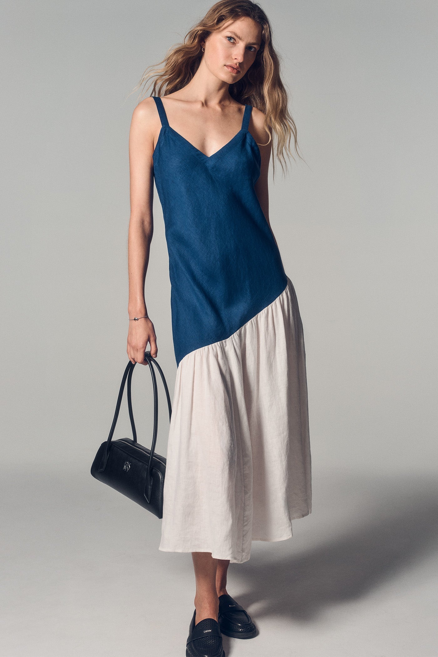 LINEN TWO-TONE MIDI DRESS